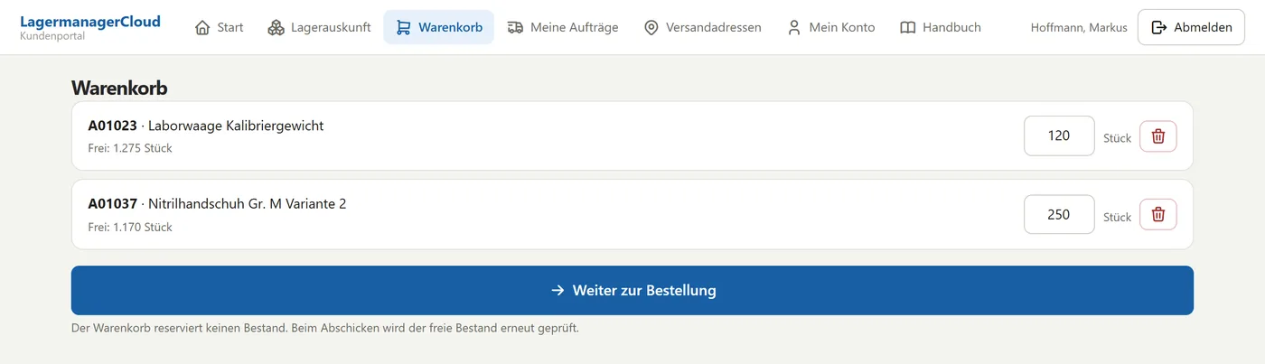 Kundenportal: Warenkorb