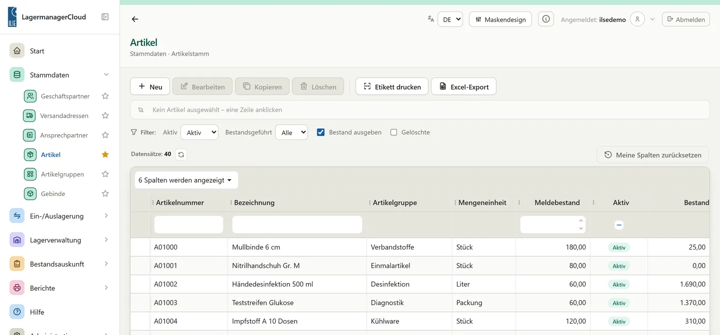 LagermanagerCloud, Artikelübersicht auf Deutsch