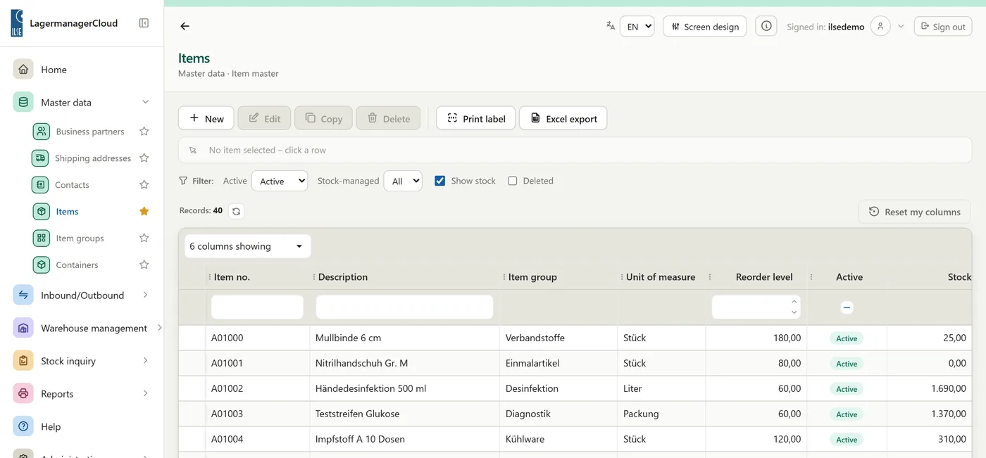 LagermanagerCloud, Artikelübersicht auf English